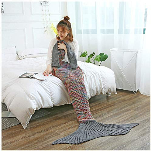 YOUCAI Meerjungfrau Decke für Mädchen Damen Warmes Wohnzimmer Sofa Decke Handgemacht Gestrickt Meerjungfrau-Schwanz-Decke Meerjungfrau Schlafsack Dunkelgrau 180x90cm