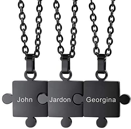 MeMeDIY Personalized Jigsaw Puzzle Pendant Necklace Engraving Name Date for Couples Women Men Customized Birthstone Stainless Steel Jewelry for Family Love Friendship (3 Pieces Black Color)