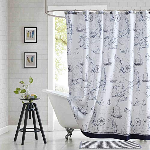 BESTRIPES Long Fabric Shower Curtain, Navy Nautical Anchor Sailboat Shower Curtains for Bathroom, Waterproof Bathroom Curtains, 78“ W x 78” H