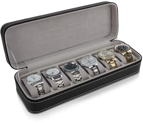 Uhrenaufbewahrung, Uhrenbox mit 6 Fächern, herausnehmbaren Uhrenkissen, 6 Uhren PU Leder und Samtfutter Uhrenschatulle Schmuckkasten Damen Herren Organizer Display Tray mit Getrennten Fächern