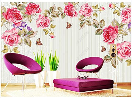 Fototapete 3D Effekt Vliestapete Retro Rosa Blumen Schmetterling Geometrische Streifen Tapeten Wand Wallpaper Wandbilder Wanddeko 350x245cm