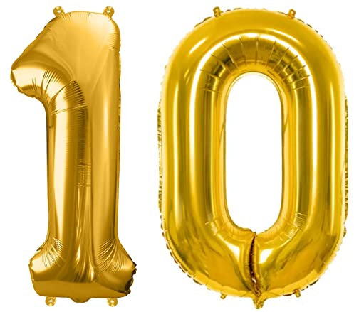 Luftballon 10. Geburtstag Gold Folienballon 10 XXL Größe 86cm-100cm Dekoballon 10 Geburtstag Deko Jubiläum 10 Jahre Folienluftballon Zahl 10