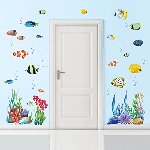 wondever Wandtattoo Unter dem Meer Tropischer Fisch Wandaufkleber Ozean Seetang Wandsticker Wanddeko für Kinderzimmer Babyzimmer Badezimmer