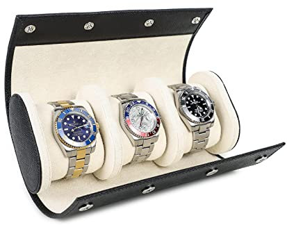 Hiram Uhrenkoffer aus echtem Leder für 3 Uhren, handgefertigt, echtes Saffiano-Leder, Reiseuhr, tragbares Etui mit abnehmbaren Kissen, Snag Mounting Design (Schwarz)