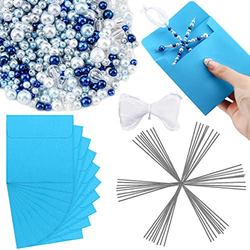 Xinnun Christmas Beaded Ornament Kit Include 12 Snowflake Wire Forms 12 Lake Blue Envelopes 2.2 Yards Transparent Yarn Ribbon and Assorted Size Mixed Beads for Christmas Tree DIY Craft Making