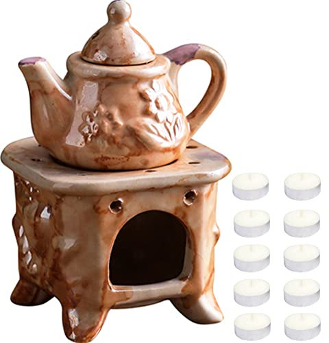 WAYUTO Keramik-Duftlampe für ätherische Öle, Diffusor mit 10 Kerzen, Teekanne, Teelichthalter, Aromatherapie, Ölwärmer, Wachsschmelzbrenner für Valentinstag, Schlafzimmer, Balkon, Yoga, Meditation,