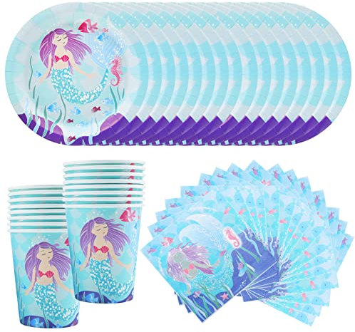 52 Stück Meerjungfrau Geburtstag Party Dekorationen Set, kindergeburtstag deko Geschirrset pappteller Meerjungfrau Partyzubehör Set, Birthday Party Tableware servietten kindergeburtstag für 16 Gäste