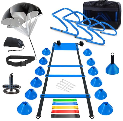 Speed Agility Training Equipment, Football Training Equipment Includes 20FT Agility Ladder,4 Adjustable Agility Hurdles, 16 Football Cones, Parachute, for Training Soccer Basketball Athletes