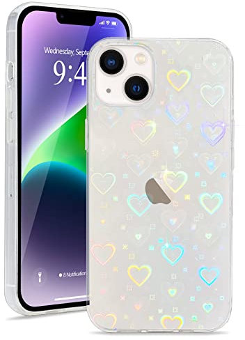 L-FADNUT for iPhone 14 Case Crystal Clear Holographic Heart Cute for Girls Women Glitter Silicone Shockproof Phone Case for iPhone 14