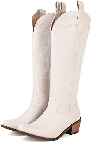 LIPIJIXI Embroidered Stivali Cowboy per donne Beige Stivali Cowgirl Snip Toe Chunky Heel Pull On V-neck Stivali Cowgirl Low Heel Knee Stivali Alti Size 40