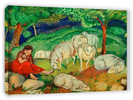 Gerahmt. Franz Marc Druck auf Leinwand. Franz Marc berühmtes Wandkunst-Gemälde. Hirtin mit Schafen, Reproduktion Drucke. Home Dekoration Bilder. 80 x 120 cm (31,5 x 47,3 Zoll) Innengerahmt