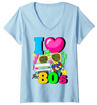 Damen I Love The 80's Spruch Geschenk 80er Jahre Achziger Jahre Er T-Shirt mit V-Ausschnitt