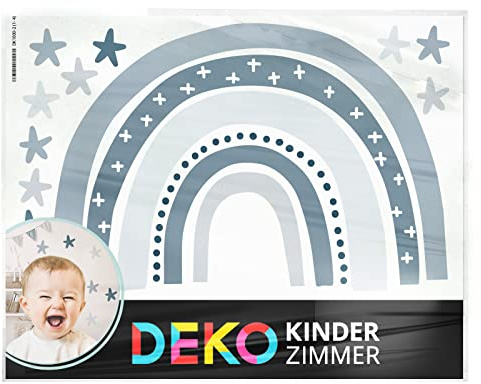 DEKO KINDERZIMMER Wandtattoo Babyzimmer Regenbogen Sterne Wandsticker Kinderzimmer Wandaufkleber blau Pastell Aufkleber Wanddeko DK1037-13-S