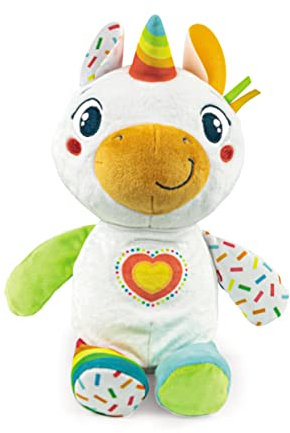 Clementoni, Unicornio Bebé, Peluche bebé interactivo con forma de Unicornio, Con botones interactivos que incluye contenido educativo, voz y canciones, Peluche bebé 6 meses, Juguete en español (55500)