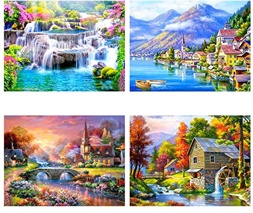 SupLetsico Diamond Painting, 4 Stück 5D Diamant Painting Bilder, Landschaft Diamant Malerei für Erwachsene Full Drill DIY Kristall Set, für House Wall Dekoration(40x30cm)