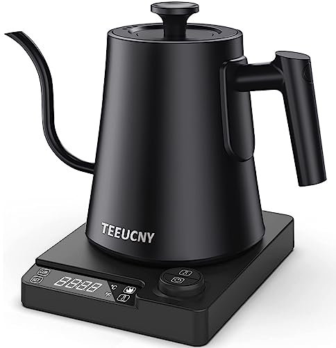 TEEUCNY Elektrischer Wasserkocher Schwanenhals, Edelstahl Schwanenhalskessel Wasserkocher mit Temperatureinstellung, Warmhaltefunktion, LED-Anzeige für Spezialitätenkaffee und Tee, Schwarz, 1L, 1200W