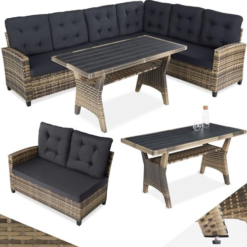 TecTake® Ensemble Salon de Jardin Exterieur XXL en Poly Rotin Canapé 6 Places Rembourrage Moelleux et 1 Table de Jardin, Mobilier de Jardin pour Amenagement Balcon Terrasse Veranda Canapé rotin