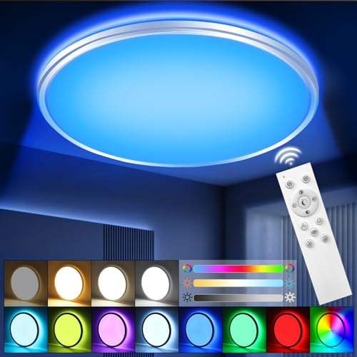 BIAOQINBO LED Deckenleuchte Dimmbar mit Fernbedienung,24W 3000lm RGB Farbwechsel Deckenlampe Rund Flach 3000-6500K für Deckenbeleuchtung Wohnzimmer Schlafzimmer Badezimmer kinderzimmer (Weiß+RGB)