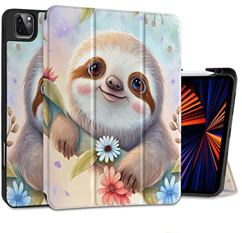 MEEgoodo Hülle für iPad Pro 12.9 Hülle M2 6./5./4./3. Generation 2022 2021 2020 2018, Schutzhülle für Tablet mit weicher Rückseite für Kinder, lächelndes Faultier