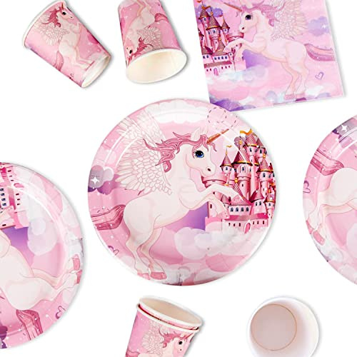 Einhorn Party Set 48tlg. | 16 Pappteller, 16 Pappbecher und 16 Servietten | Einhorn Geburtstagsdeko Mädchen Party Deko | Kindergeburtstag Pappteller