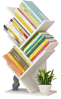 GDWD Baumform Bücherregal, 5 Ebenen Baum Raumteiler Regal, Holz CD DVD Bücher Zeitschriften Aufbewahrungregal, Standregal Bücherregal für Wohnzimmer Arbeitszimmer Kinderzimmer Büro (Weiß)