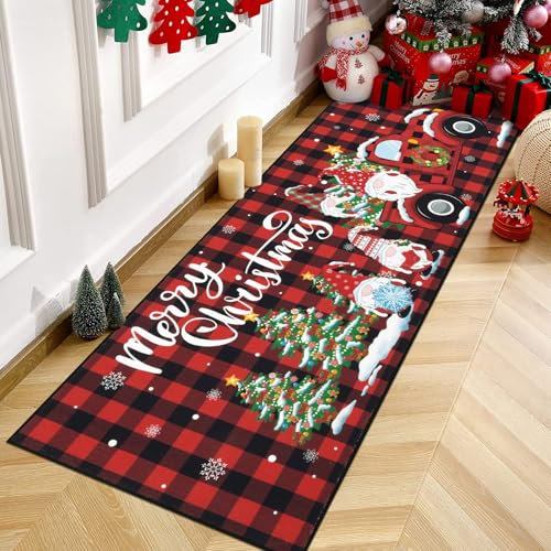 Enyhom Weihnachtsläufer Teppich, 60 x 180 cm Hochwertig rutschfest Läufer Flur Weihnachtsmann Willkommen Fußmatten Waschbare Winter Teppichmatte für Eingangs Wohnzimmer Schlafzimmer