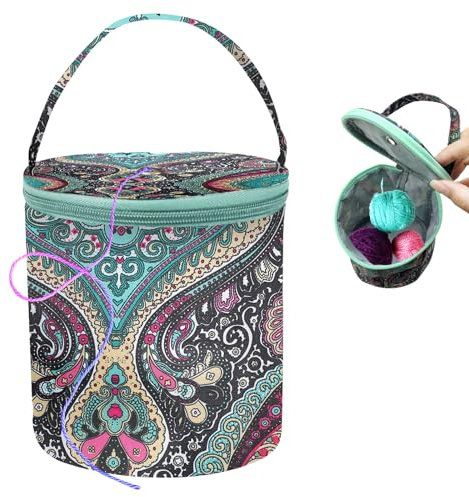 SwirlColor Aufbewahrungstasche Häkeltasche, Kleine Größe Bedruckte Garn Speicher Tragbare Tasche mit Reißverschluss Häkeltasche Organizer für Garne Wolle Nadeln, mit Einem Lineal (Grün)