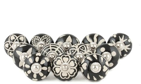 Rasiya Art Ceramic Black and White Knobs - Boho Knobs for Cupboards Door Cabinet and Drawer - Decorative Hand Painted Ceramic Round Pull Handles for Home Decor - Pack of 12
