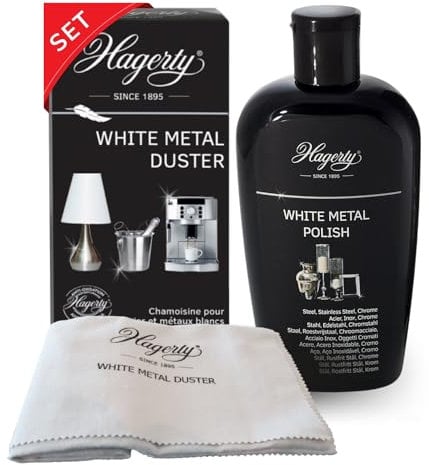 Hagerty Set White Metal Polish Edelstahlpolitur + Duster für die Reinigung von Edelstahl I Effiziente Metallpolitur & Poliertuch aus Baumwolle für Gegenstände aus weißem Metall Stahl Edelstahl Chrom
