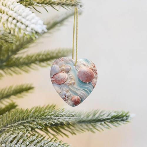 RLDOBOFE Weihnachtsbaumschmuck aus Keramik, zum Aufhängen, Muscheln und Wellen, niedlicher Weihnachtsbaum, Keramik, zum Aufhängen, herzförmig, Weihnachtsbaumschmuck
