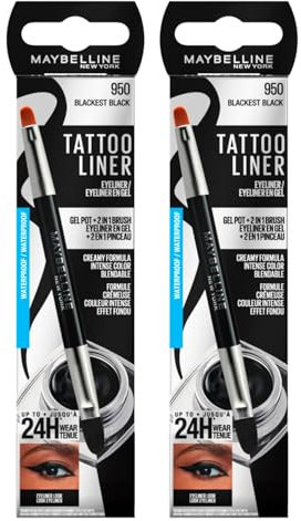 Maybelline New York Tattoo Liner Gel Pot Eyeliner Professionale Pennellino 2in1 Tenuta 24H Waterproof Colore 950 Blackest Black - 2 Cosmetici