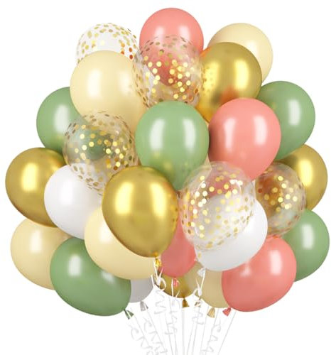 60 Palloncini Verde Retro Rosa, Rosa Verde Salvia Palloncini, Palloncini Coriandoli Oro, Bianco Albicocca Palloncini in Lattice per Compleanno Matrimonio Anniversario Battesimo Comunione Laurea Festa