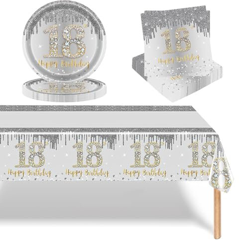 37 Pcs Silver and Gold 18th Birthday Tableware Set Decor,Paper Napkins 9 Inch Paper Plates and Table Cloth in Silver,Disposable Paper Dinnerware Decorations for Her Him 18th Birthday Gifts Party