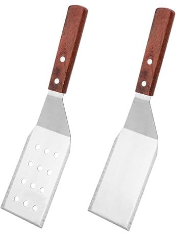 Roucerlin 2Pcs Professional Small Metal Spatula, Beveled Design Stainless Steel Brownie Spatula with Wooden Handle, Serving Spatula for Cooked Steak Pizza Pancake Cake Restaurants