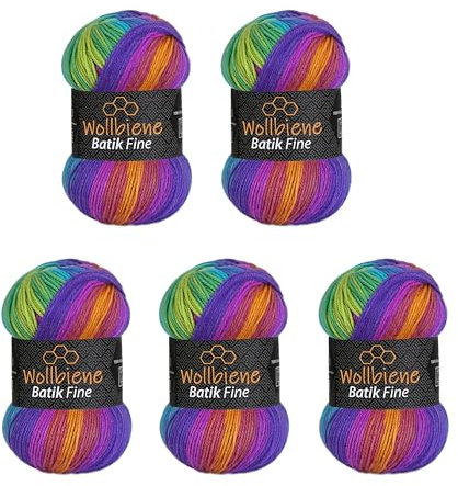 5 x 100g Wollbiene Batik Fine 500 Gramm Wolle mit Farbverlauf mehrfarbig Multicolor Strickwolle Häkelwolle (1510 lila blau grün)
