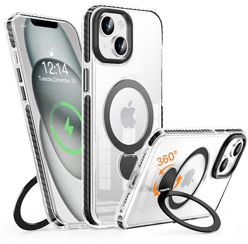 MASOPSK Magnetische Hülle für iPhone 13/14 mit Ständer, Kompatibel mit MagSafe, Schlankes Kristallklares, Stoßfestes Schutzsystem in Militärqualität, Objektivschutz, 6,1 Zoll (Schwarz)