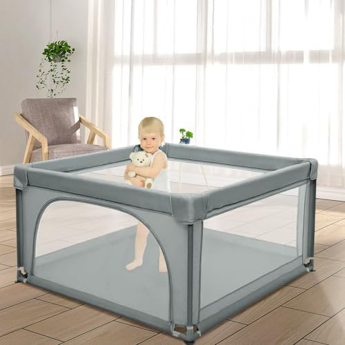 Baby Laufstall, Faltbare Kinder Laufgitter & -ställe, Babyzaun Absperrgitter mit Atmungsaktivem Netz, Mobile Krabbeln Playpens, Krabbelgitter mit Netz & Reißverschluss-120 * 120 * 66 cm-hellgrau