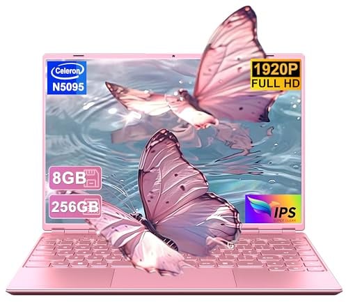 NOTODD 2025 Laptop 14 Zoll Win11 Pro 4-Core Celeron N5095 (bis 2.9GHz) 1920x1200 Notebook 8+256GB SSD Unterstützung 1TB(TF-1TB) Kühlgebläse Type-C Deutscher Tastaturschutz und kabellose Maus-Rosa