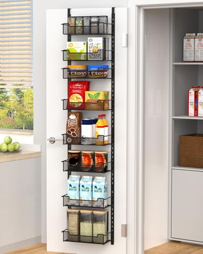VyGrow 12.3 W Over Door Storage, 8-Tier Narrow Over the Door Pantry Organizer with Adjustable Basket, Pantry Kitchen Storage Room Spice Rack, Black