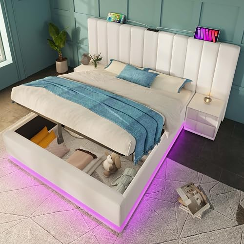 Kebnor Polsterbett, Doppelbett Stauraumbett mit App Control LED und USB-C Ladefunktion, Bettgestell mit Lattenrost, (Ohne Matratze und Nachttisch) (Weiß(PU), 180×200cm)