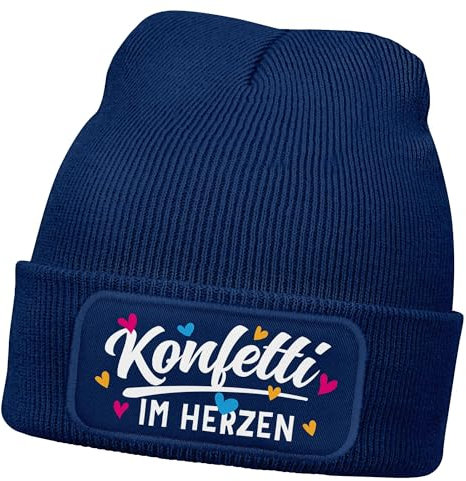 MoonWorks® Damen Beanie mit Patch Strickmütze mit Spruch Fasching Karneval Party Konfetti im Herzen Damenmütze Dunkelblau Unisize