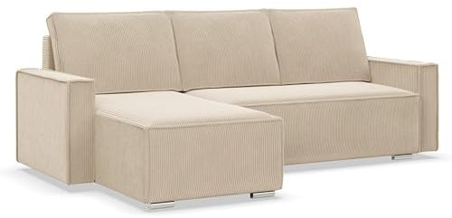 Mebligo - Ecksofa mit Schlaffunktion und Bettkasten NOTO, Cord Sofa L Form 231 cm Breit, Eckcouch Cord mit Schlaffunktion, Bonellfederkern, Universal Sofa Beige