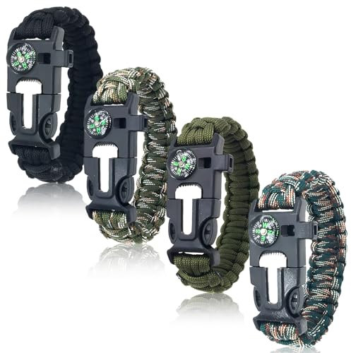 BOSOIRSOU Überlebens-Armbänder 4er-Set | 5-in-1 Paracord-Armband mit Feuerstarter, Kompass & Pfeife | Notfall-Ausrüstung für Camping, Wandern