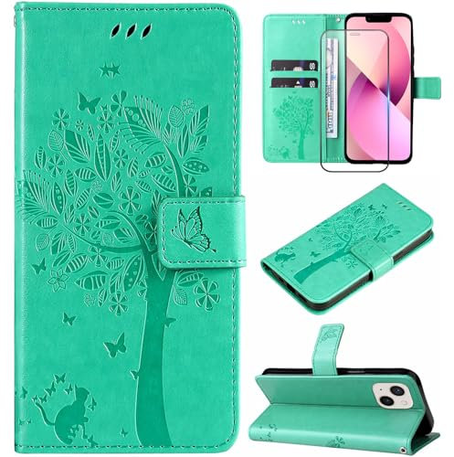 Hancda Phone Case for iPhone 13 / iPhone 14 Leather Case with Tempered Glass Screen Protector Wallet Card Holder Slot Flowers Design Magnetic Case Flip Cover for iPhone 13 / iPhone 14,Green