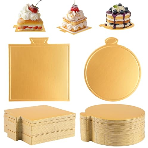 200 Stück Törtchen Untersetzer, 100 Stück Mousse Tortenunterlage 9 cm | 100 Stück Quadratische Mini Tortenplatten Karton 9 cm mit Griff für Hochzeiten, Partys, Konditoreien, Geburtstage (Gold)