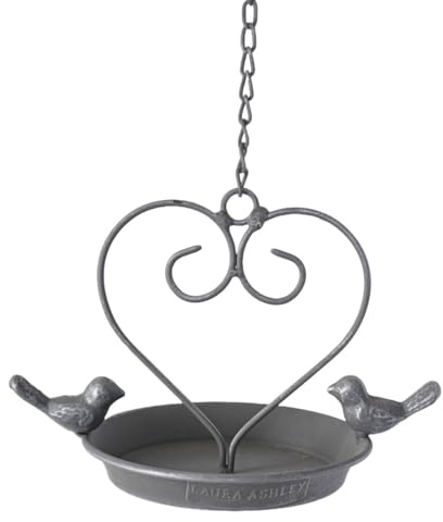 Vogelbad zum Hängen “Kräutergarten” – Hängende Metall-Vogeltränke im Landhausstil mit Vogel-Motiv, 36 cm H inkl. Kette, Ø 15 cm, Wetterfest, Gartendeko für Balkon & Terrasse