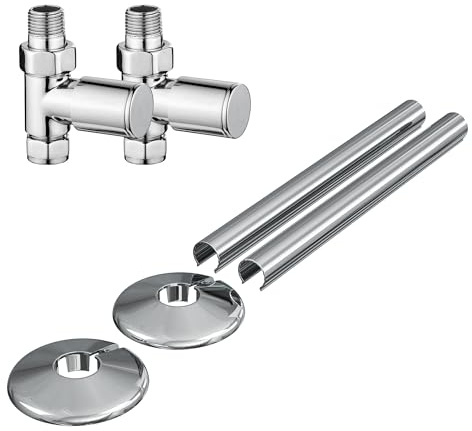Manual Radiator Valve Round Straight - 15mm x R 1/2 - Chrome with Matching Clip-on Pipe Covers and Collars