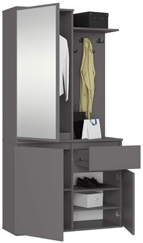 BDW ENTRO Flurgarderobe-Set mit Spiegelschrank, 95 x 183 x 35 cm, Schuhablage, Kleiderhaken, Saal, (Grau)