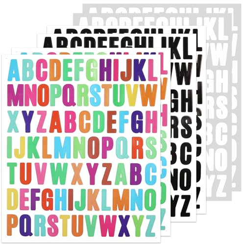 BINLINHONGO 468 Small Letter Stickers, 6 Sheets 1 Inch Self-Adhesive Vinyl Alphabet Sticker Decals for Scrapbook, Signs, Water Bottles -White,Black,Colourful