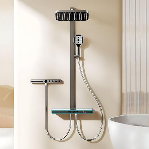 Système de douche intelligent pour tout le corps, système de douche Bluetooth LED de luxe, douche de massage musicale multifonctionnelle, douche double avec affichage numérique intelligent (gris)